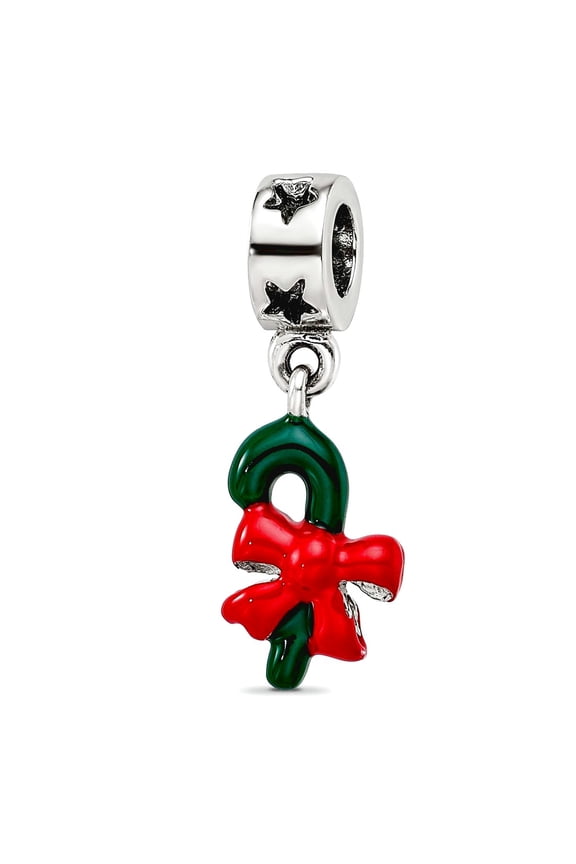 Sterling Silver Green Enameled Candy Cane Dangle Bead Charm