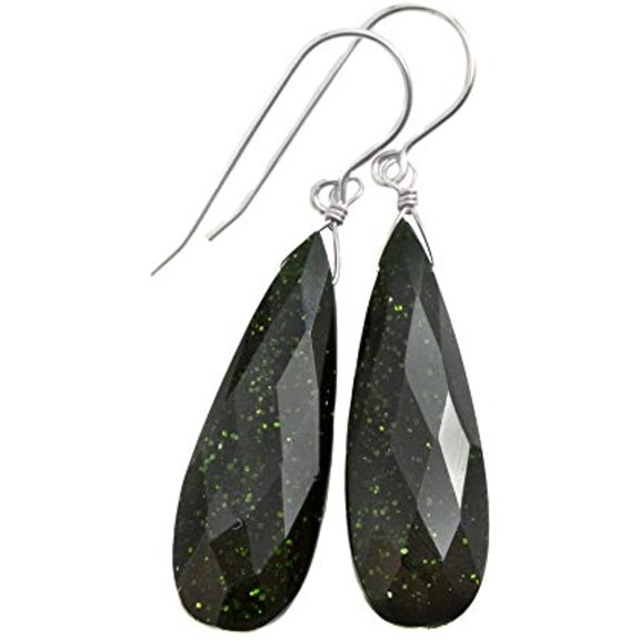 Sterling Silver Green Goldstone Earrings Faceted Long Teardrops Free Hanging Dangles Simple 1.8 In Drops Designed for Adult Women