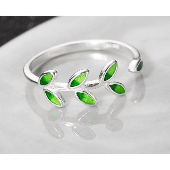 Sterling Silver Green Leaves Open Ring For Women Korean Style Flower Design Gift Jewelry Handcrafted Open Back