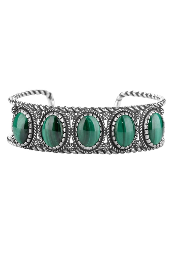 Sterling Silver Green Malachite 5-Stone Cuff Bracelet, Sizes Small to Large