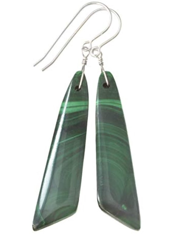 Sterling Silver Green Malachite Earrings Smooth Triangle Long Dangle Teardrops 2.4 Inches Designed for Adult Women
