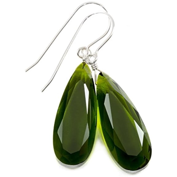 Sterling Silver Green Olive Simulated Quartz Earrings Faceted Teardrops Simple Dangle Drops 1.7" Designed for Adult Women