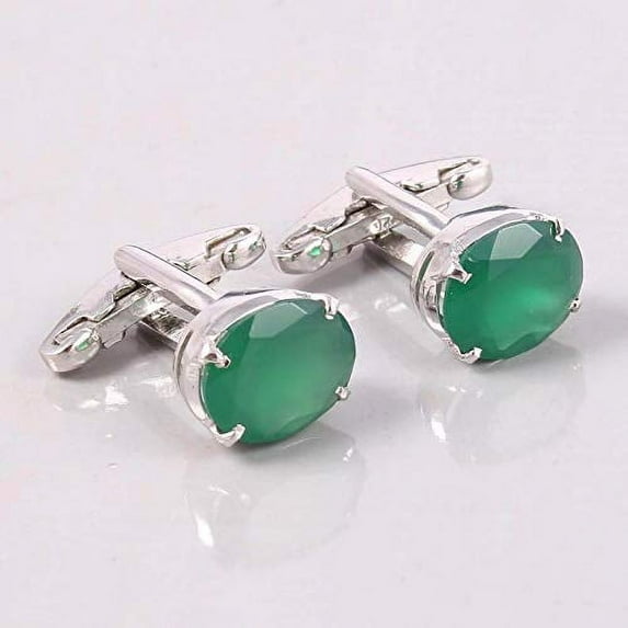 Sterling Silver Green Onyx Cufflinks 7x9 mm Oval 925 Sterling Silver Handmade Wedding Cufflinks Groomsmen Cufflink Fathers Day Gift Green Onyx Mens Cufflinks