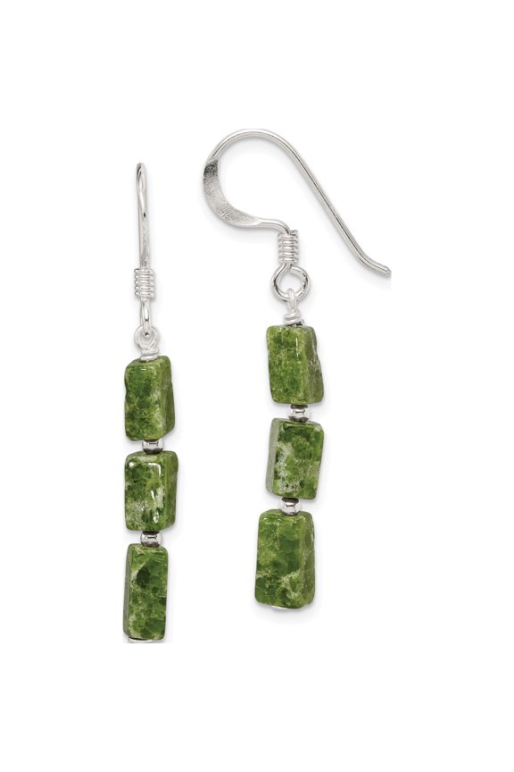 Sterling Silver Green Russian Serpentine Stone Earrings (42 X 4) Made In Thailand qe9735