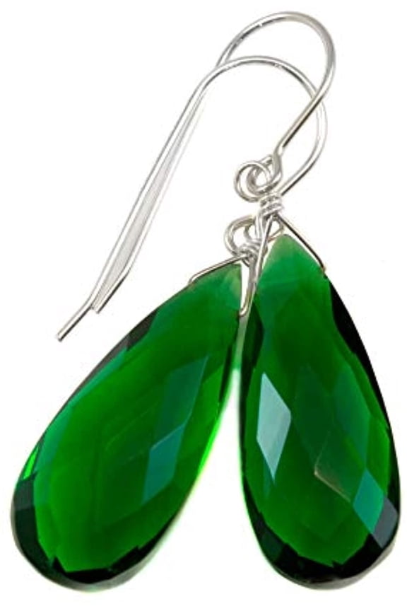 Sterling Silver Green Simulated Emerald Earrings Classic Faceted Teardrops Free Hanging Simple Dangles Designed for Adult Women