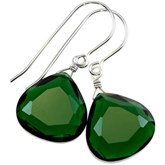 Sterling Silver Green Simulated Emerald Earrings Faceted Heart Teardrops Simple Briolette Dangle Drops Designed for Adult Women
