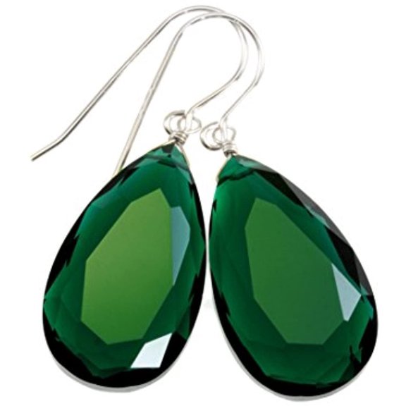 Sterling Silver Green Simulated Emerald Earrings Faceted Large Teardrops Simple Briolette Drops Designed for Adult Women