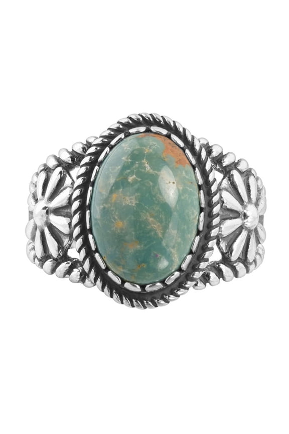 Sterling Silver Green Turquoise Gemstone Floral Rope Concha Ring, Sizes 5 to 10