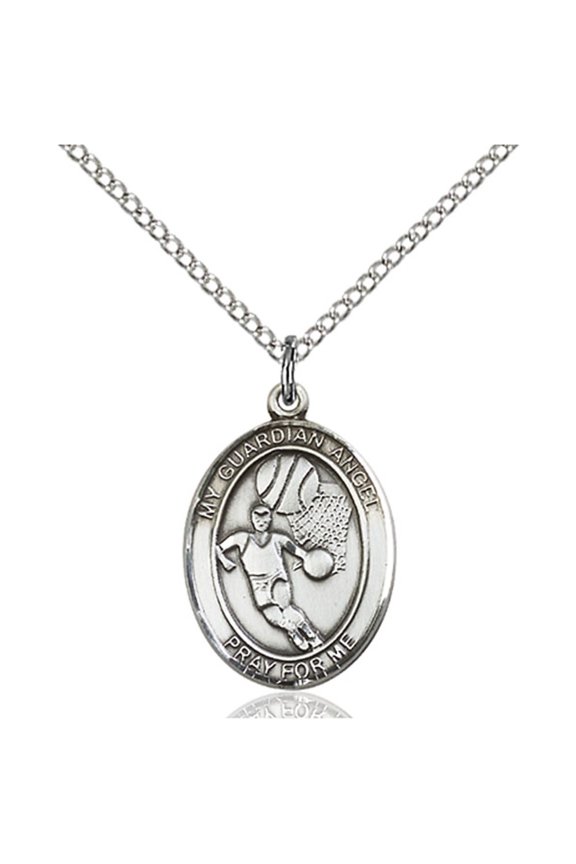 Sterling Silver Guardian Angel / Basketball Pendan 3/4 x 1/2 inches with SS Lite Curb Chain