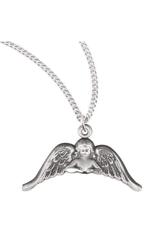 Sterling Silver Guardian Angel Medal with Wings, Antique Finish, 18" Rhodium Plated Stainless Steel Chain Necklace, Made in USA - Deluxe Velvet Gift Box