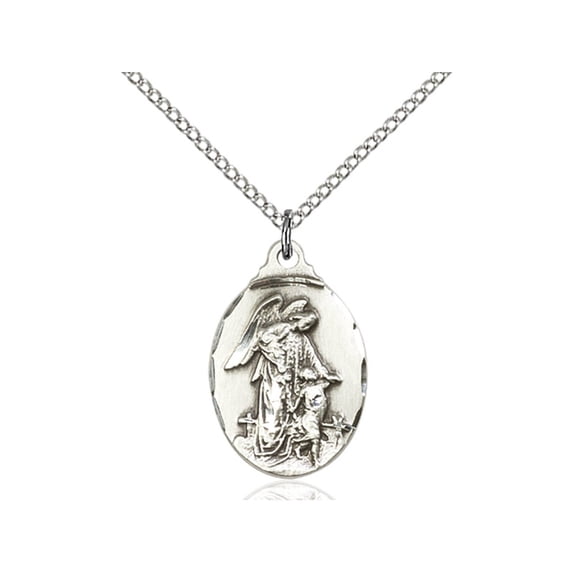 Sterling Silver Guardian Angel Pendant 7/8 x 1/2 inches with Sterling Silver Lite Curb Chain