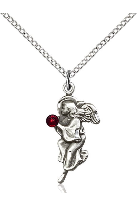 Sterling Silver Guardian Angel Pendant with 3mm January Red Swarovski Crystal 7/8 x 3/8 inches with Lite Curb Chain