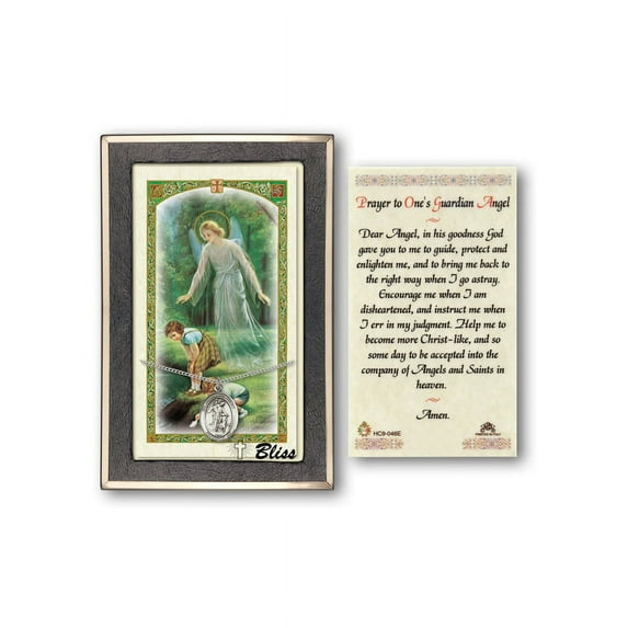 Sterling Silver Guardian Angel medal on an 18 inch Lite Curb Chain with a Prayer to One'S Guardian Angel Prayer Card.