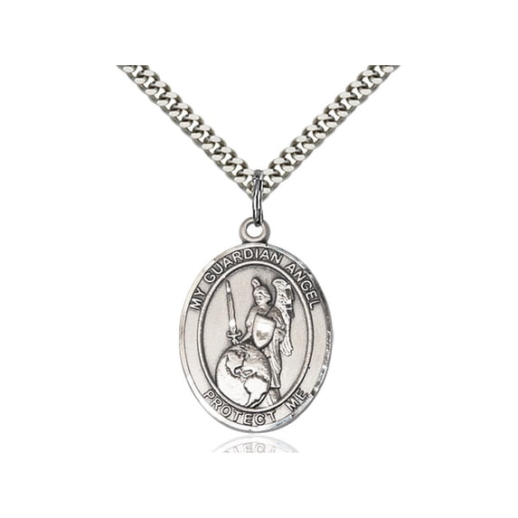 Sterling Silver Guardian Angel of the World Pendant 1 x 3/4 inches with Heavy Curb Chain