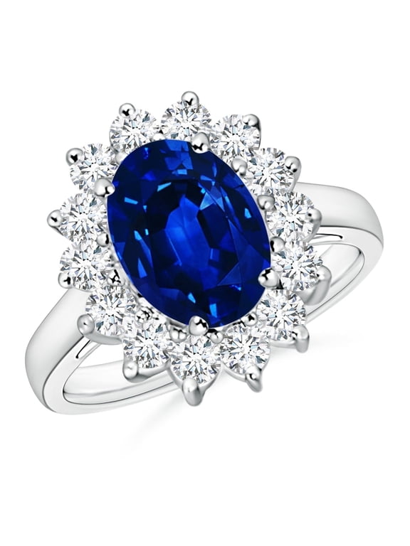 Amy and Annette Halo Blue Sapphire Engangement Ring in 18K White Gold Plated