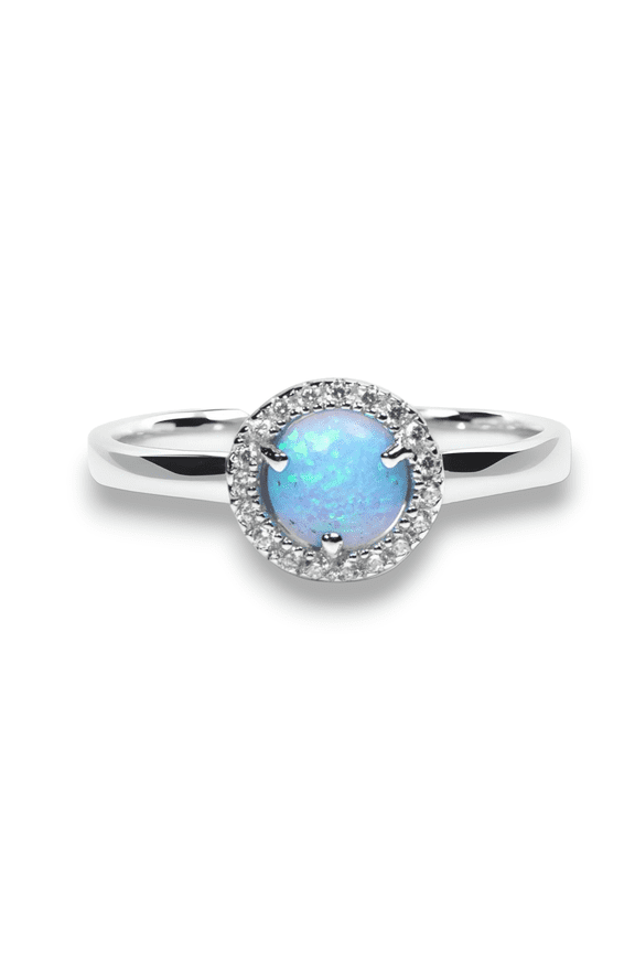 Sterling Silver Halo CZ Light Blue Opal Halo Ring