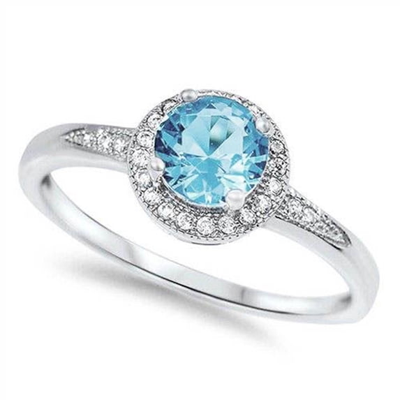 Sterling Silver Halo Set Synthetic Aquamarine Clear CZ Ornate Ring Size 11