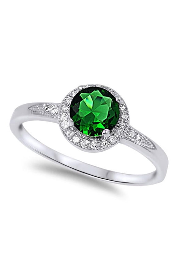 Sterling Silver Halo Set Synthetic Emerald Clear CZ Ornate Ring Size 7