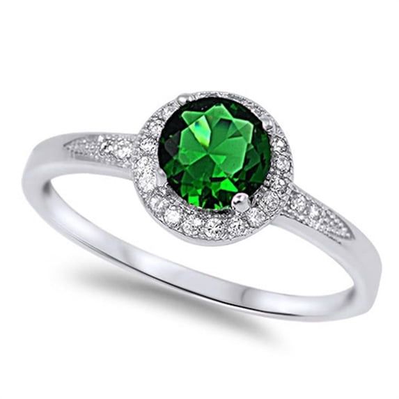 Sterling Silver Halo Set Synthetic Emerald Clear CZ Ornate Ring Size 8