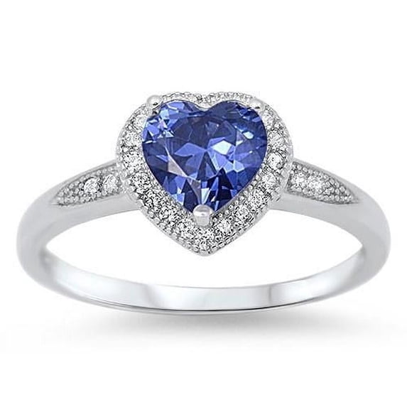 Sterling Silver Halo Set Synthetic Tanzanite CZ Heart Ring Size 9