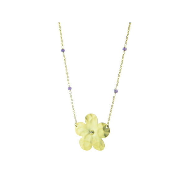 Sterling Silver Hammered Flower and Natural Stone Necklace dipped in Gold, 6"