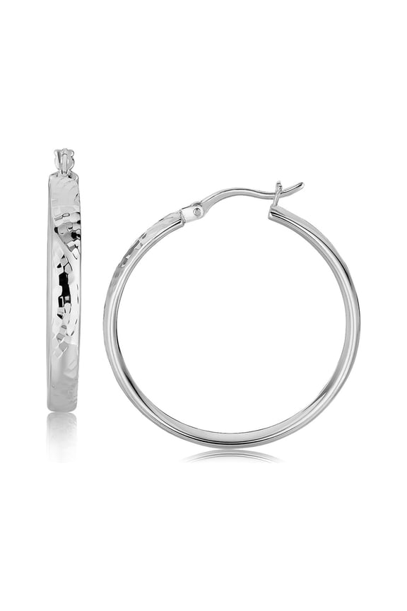 Sterling Silver Hammered Hoop Earrings Rhodium Plating (30mm)