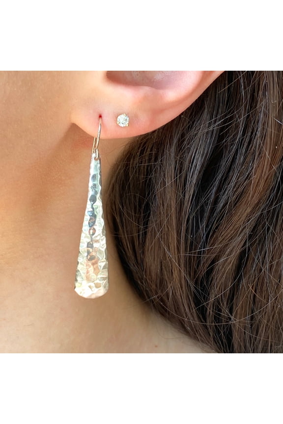 Sterling Silver Hammered Long Ear Wire Earrings