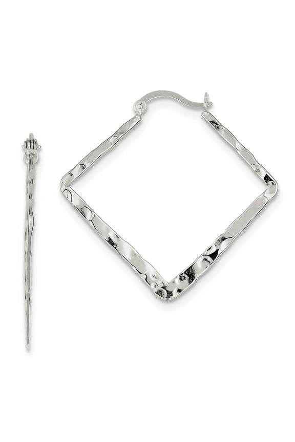 Sterling Silver Hammered and Polished Fancy Hoop Earrings - 3.7 Grams - Measures 33x1mm Wide
