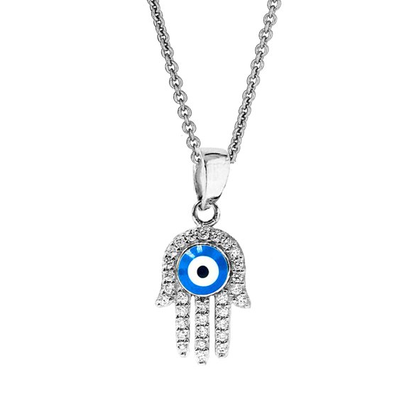 Sterling Silver Hamsa Hand Evil Eye Cubic Zirconia Pendant Charm Necklace 24"