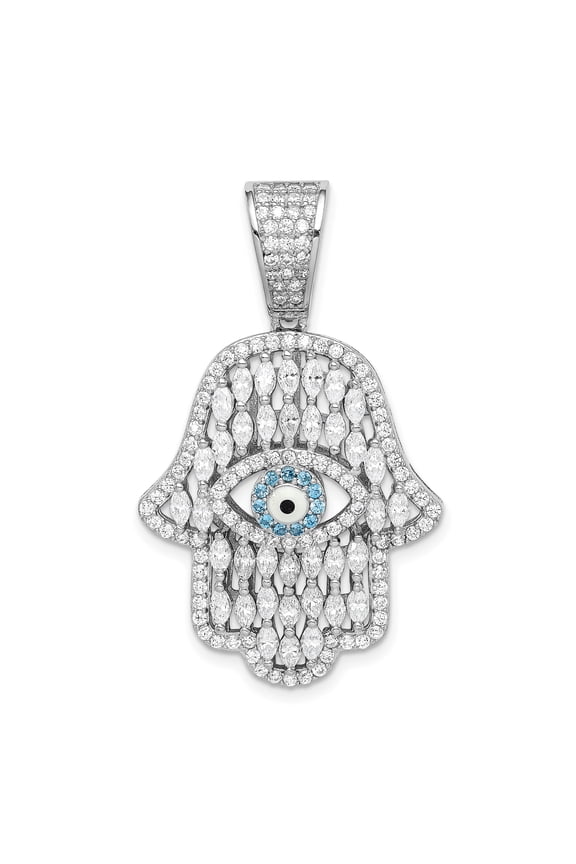 925 Sterling Silver Hamsa Hand Pendant with Blue Evil Eye CZ, Jewelry Stores Network