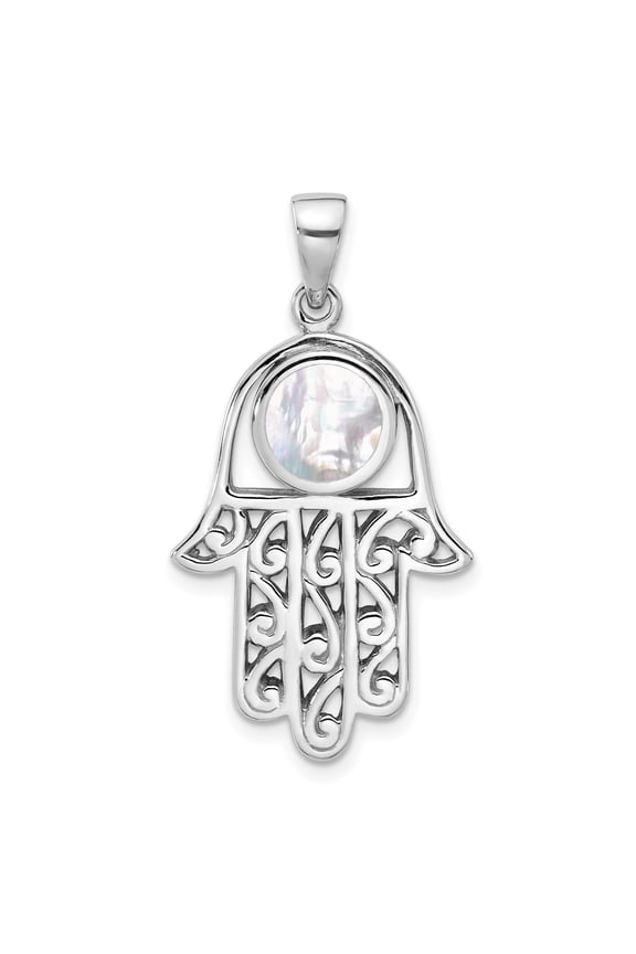 Sterling Silver Hamsa Hand Necklace with Mother of Pearl, Filigree Amulet Pendant for Women, Spiritual Evil Eye Protection Jewelry, Middle Eastern Jewish Symbol
