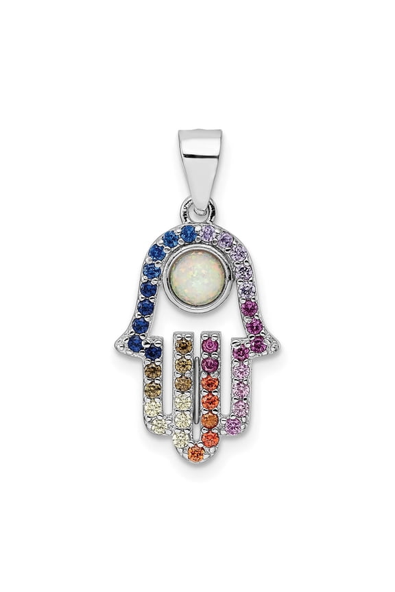 925 Sterling Silver Hamsa Hand Pendant Charm with Cubic Zirconia and Opal for Women