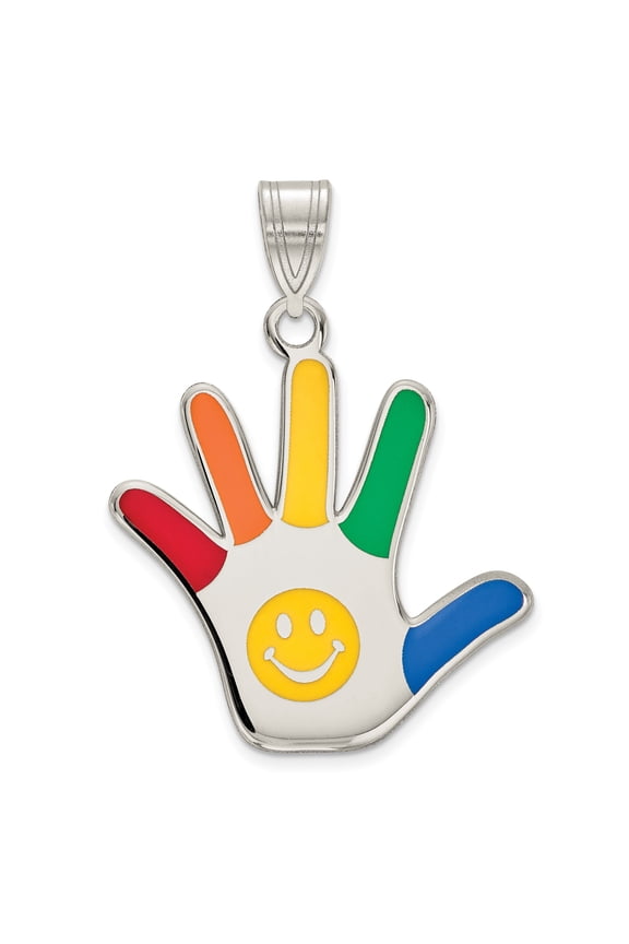 Sterling Silver Hand Pendant with Rainbow Enamel, Yellow Smiley Face, Unisex Symbol of Positivity, Colorful Charm for Playful Fashion, 925 Enamel Jewelry for Men and Women