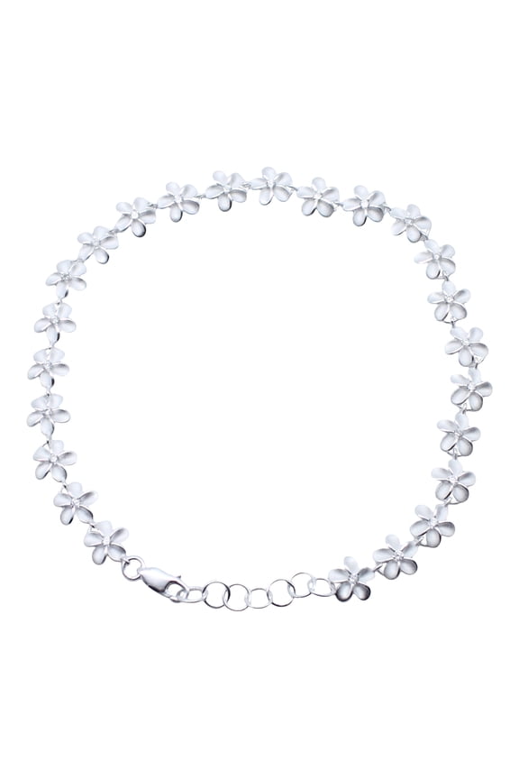 Sterling Silver Hawaiian 8mm Plumeria CZ Anklet Foot Chain, 9 Inches to 10 Inches