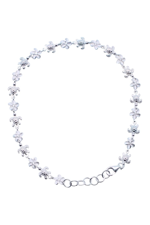Sterling Silver Hawaiian Plumeria CZ Sea Turtles Anklet Foot Chain,  9 Inches to 10 Inches