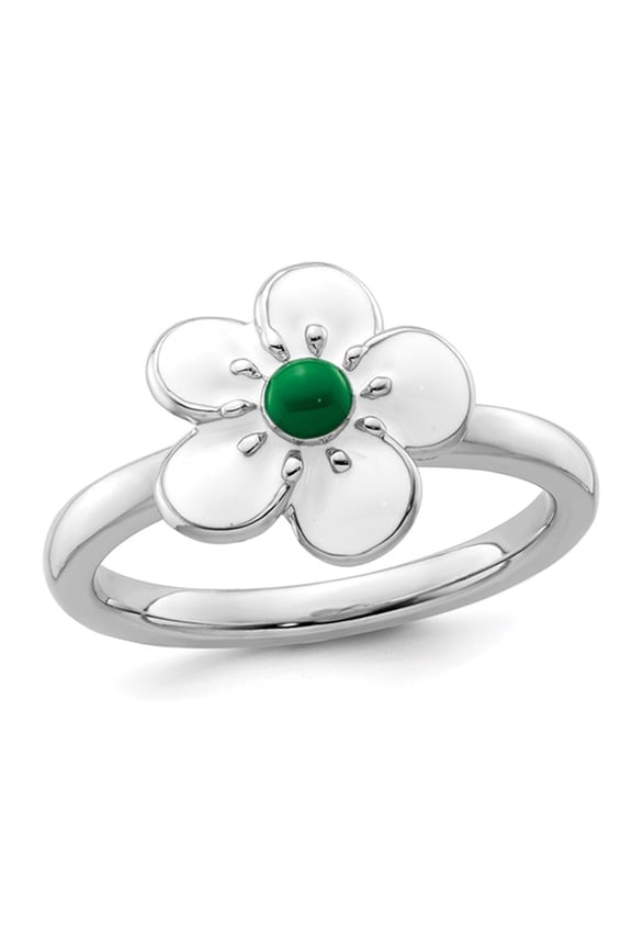 Gem & Harmony Sterling Silver Hawthorn Flower Ring with White and Green Enamel for Women