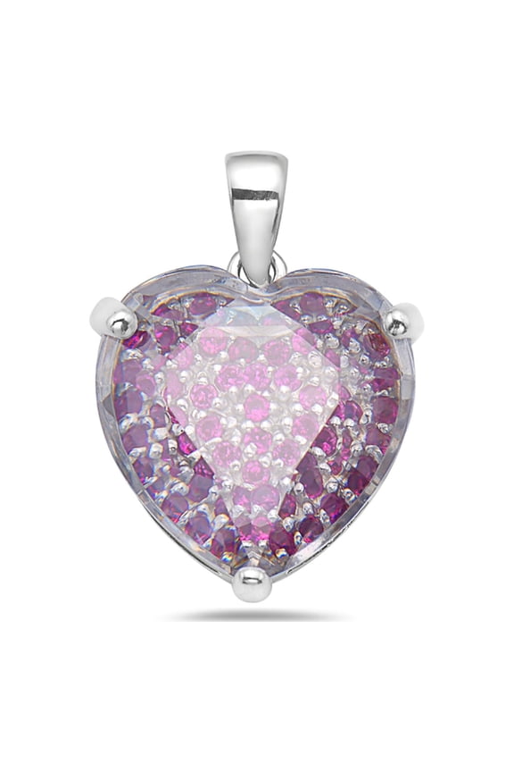 Sterling Silver Heart Big Charm Necklace with Synthetic Ruby Pave Refection