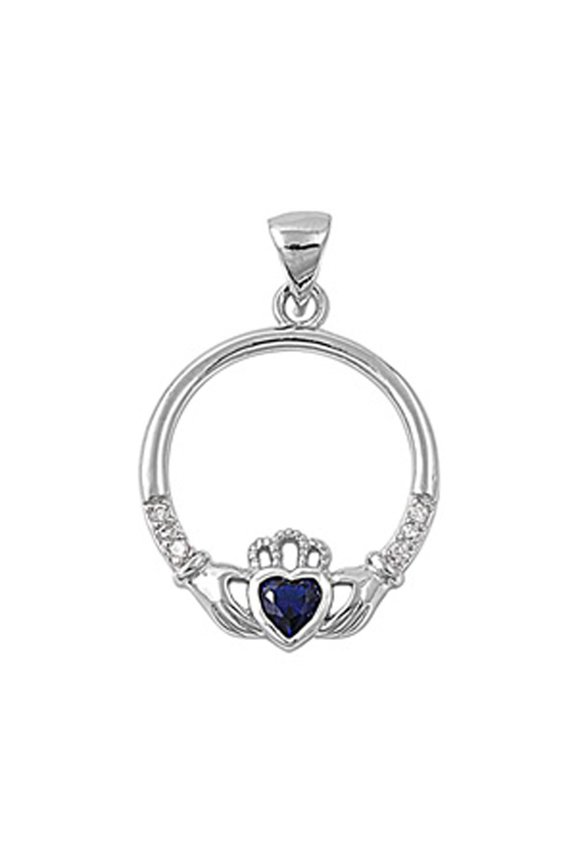 Sterling Silver Heart Celtic Claddagh Hoop Pendant Blue Simulated Sapphire Charm Jewelry Female