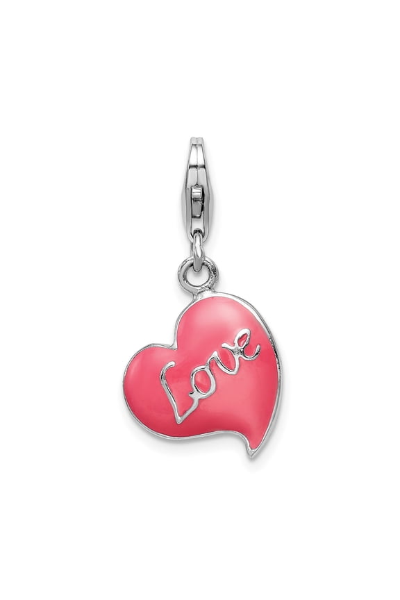 925 Sterling Silver Pink Enamel Heart Pendant Charm with Love Script for Women