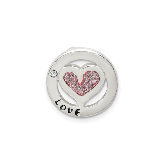 Sterling Silver 925 Glitter-Infused Heart Pendant Slide with CZ Accent, Polished 15mm