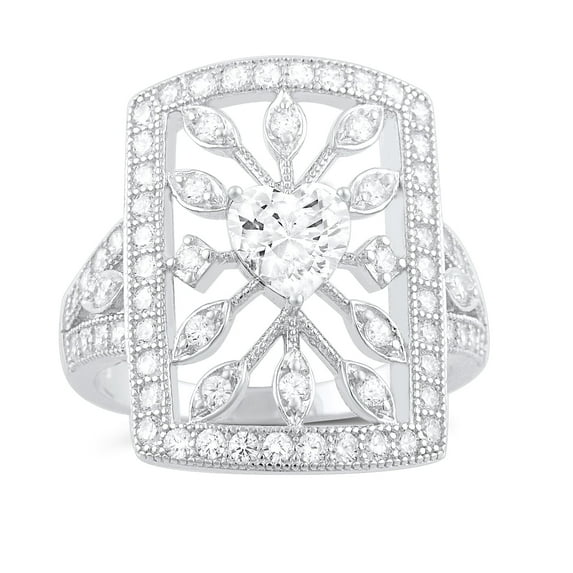 Sterling Silver Heart Cz Big Square Statement Ring for Women and Teens - Size 7