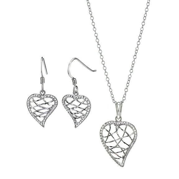 Sterling Silver Heart Drop Earrings and Pendant Necklace Set