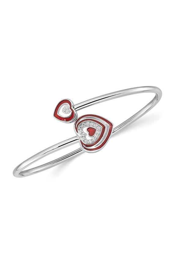 Sterling Silver Heart Flexible Cuff Bangle Bracelet with Red Enamel and Cubic Zirconia (CZ)s for Women