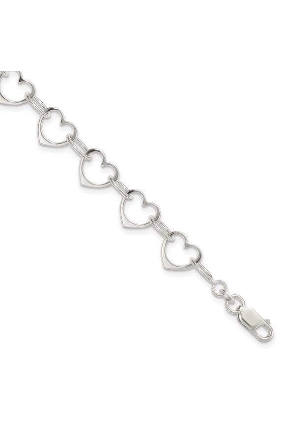 925 Sterling Silver Polished Love Heart Link Bracelet 7 Inch Lobster Claw 10mm Wide Link Bracelet for Women