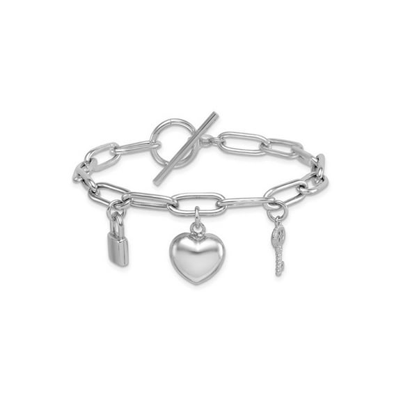 Gem & Harmony Sterling Silver Heart, Lock and Key Charm Bracelet (7.5 inches) for Women