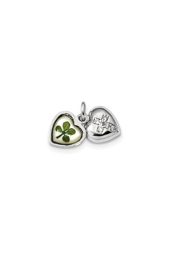 Sterling Silver Heart Locket Charm with Four-Leaf Clover and Crystal Cross, Christian Irish Symbolic Pendant for Women, Faith and Luck Jewelry for Necklace or Bracelet