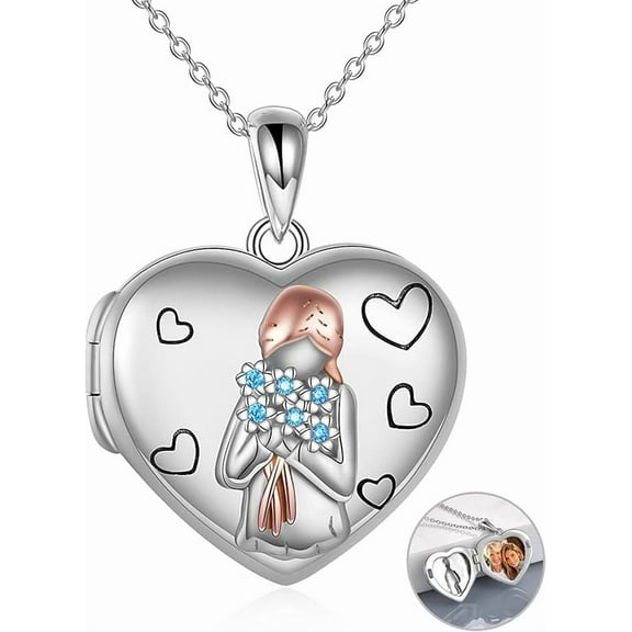 Sterling Silver Heart Locket Necklace That Holds Pictures Memory Locket Jewelry for Mom Grandma Mother's Day Gifts