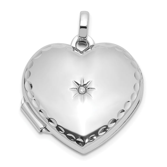 Sterling Silver Heart Locket Pendant Charm with Diamond, Starburst Photo Holder for Women