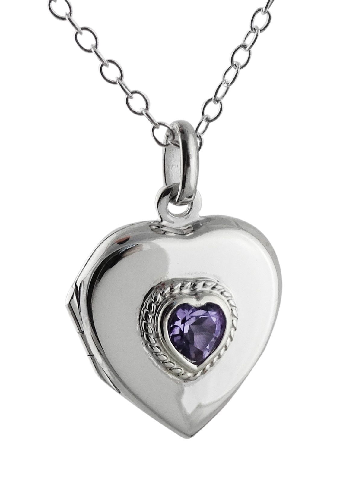 Sterling Silver Heart Locket Necklace with Amethyst Purple Cubic 