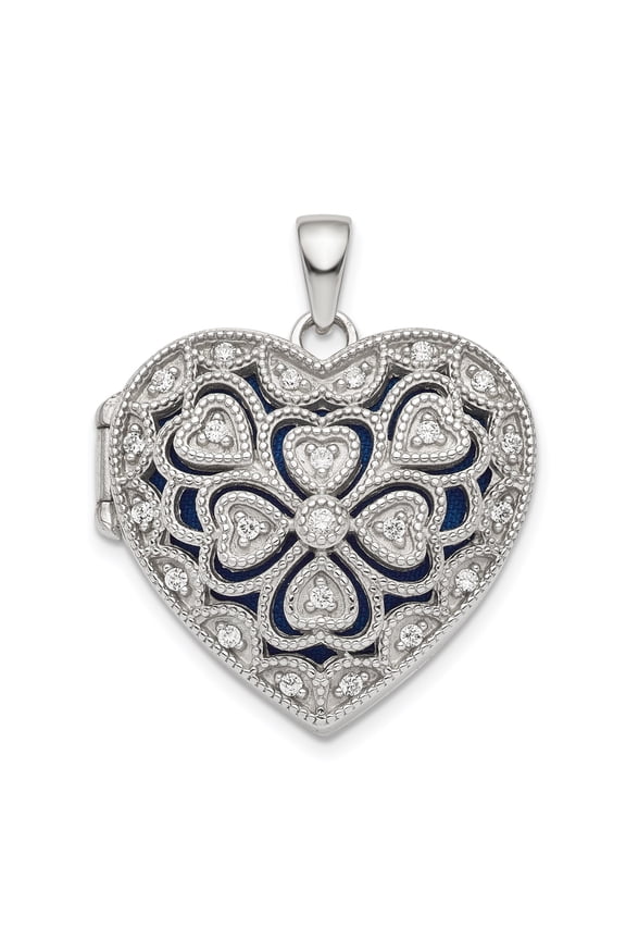 Sterling Silver Heart Locket Pendant Necklace for Women with Filigree and Floral Design, Sparkling Accents, Romantic Memorial or Keepsake Love Symbol Jewelry